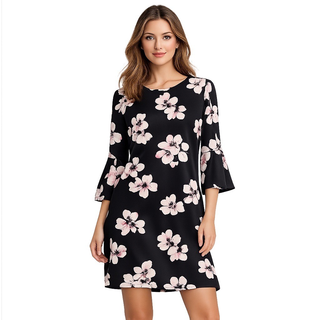 Black Pink Floral Shift Dress Size 12 Bell Sleeve Wedding Guest Cottagecore