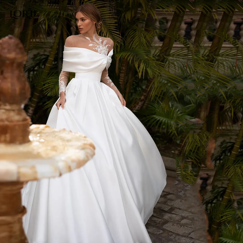 Wedding Dresses High Neck Appliques A-Line Gowns Irregular Neckline Pleated