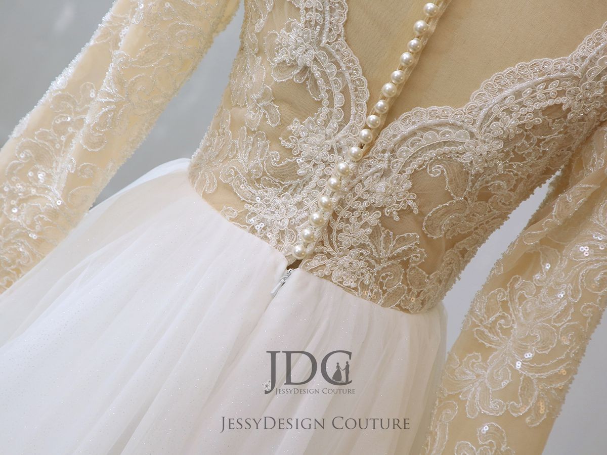 New Ivory Skin Glitter Wedding Dress Bridal Gown Long Sleeve Beaded Buttons A-Line