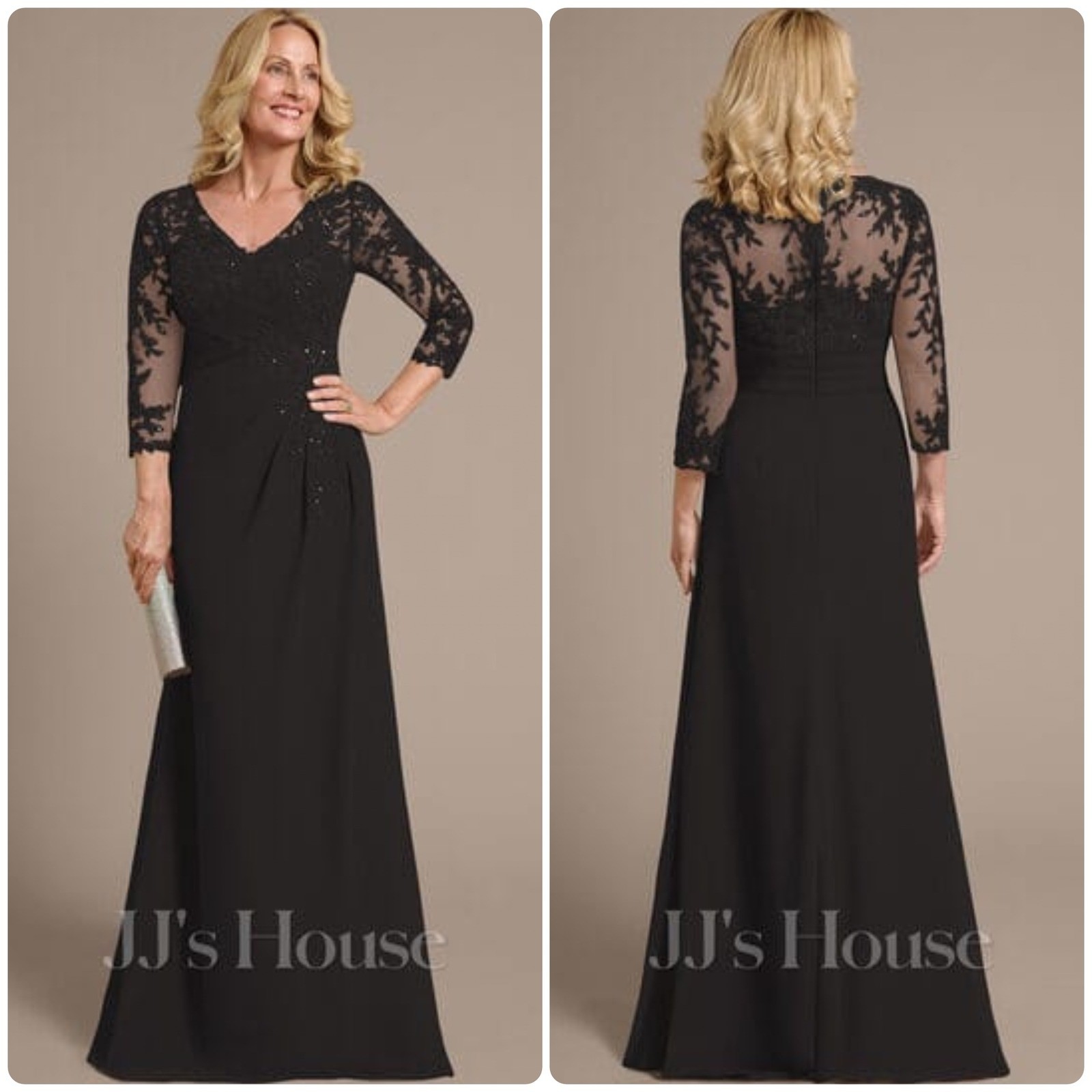 JJ’s House Valarie Black Sheath Column V-neck Sequins Lace Dress Formal Gown Lg