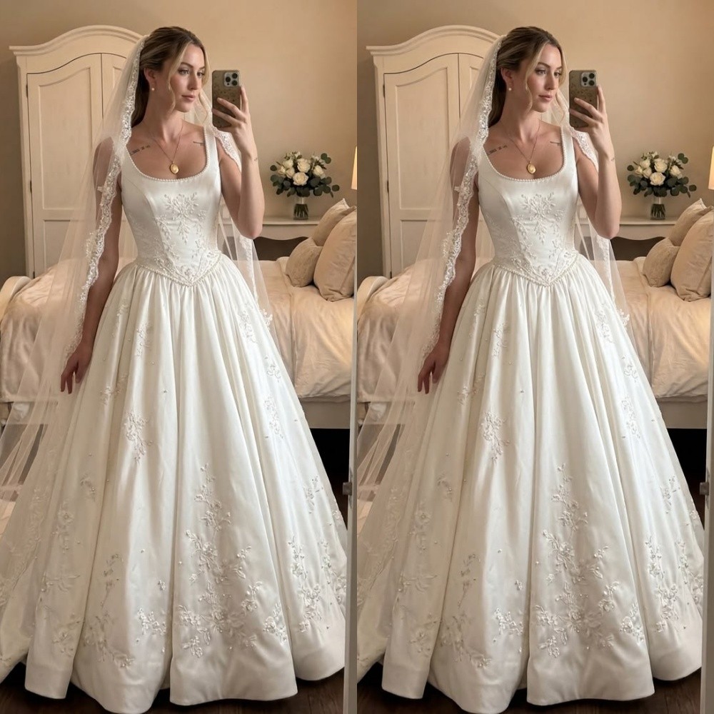 Elegant Wedding Dresses Square Neck Satin A Line Beading Sweep Train Bridal Gown