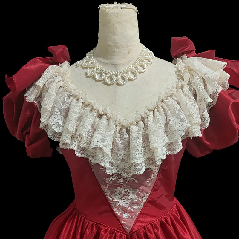 Princess red Simulated silk double palace satin white flowers lace Vneck big bow