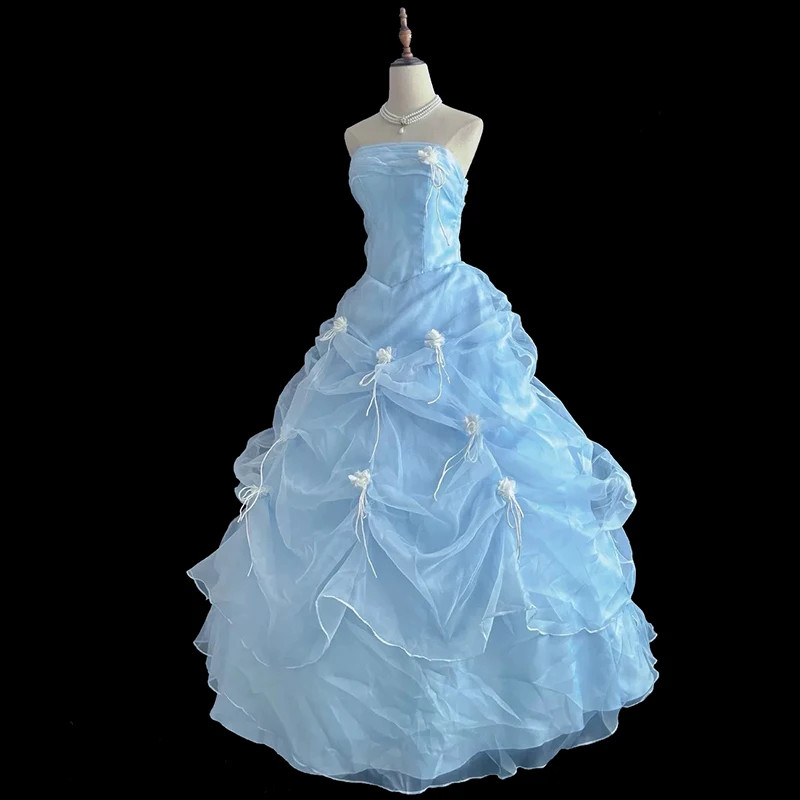 Princess Grass Green Lace Strapless Sleeveless Beading White Flower Bow Ruffles