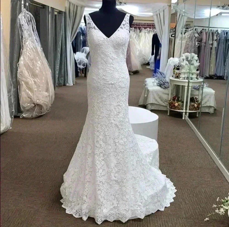Justin 88017 Ivory Sand Lace Sleeveless Fit and Flare Wedding Dress Size 14
