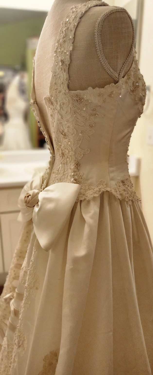 EvaGauthier Ivory Lace Bow Ball Gown Wedding Dress V-Neck Train Petites 4