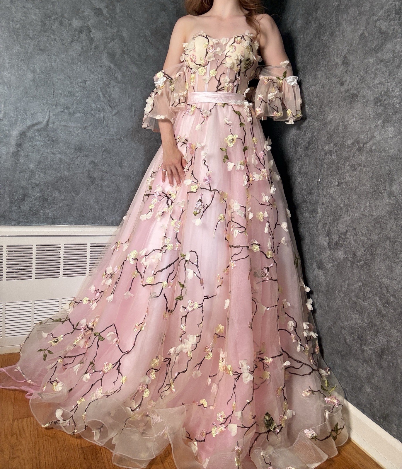 🌸 Handmade Pink Floral Wedding Dress — Off-the-Shoulder with Train 🌸 4