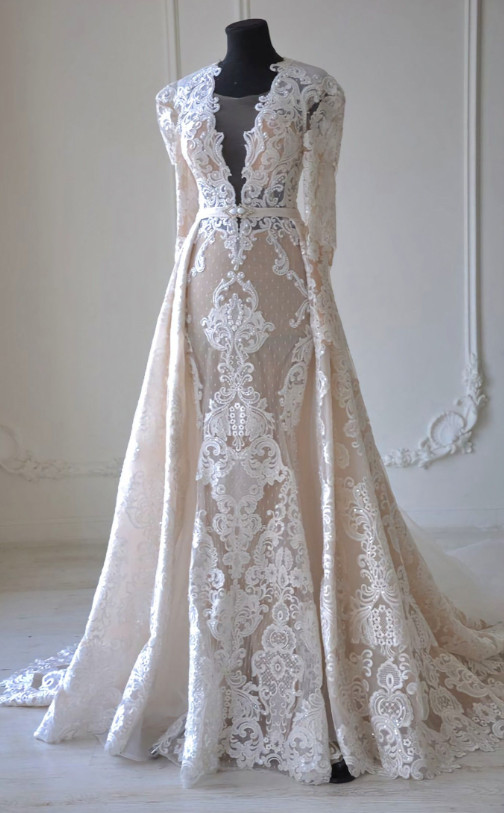 Elegant Champagne Wedding Dresses V-Neck Long Sleeved Lace Applique Bridal Gowns