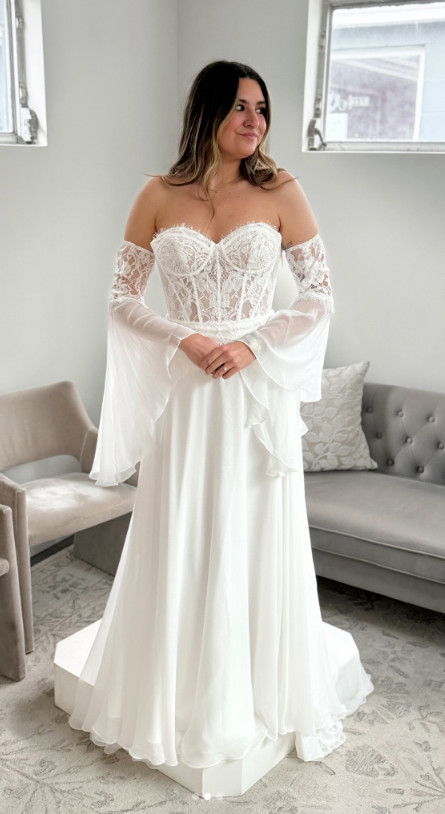 Boho Wedding Dresses With Sleeve Chiffon Strapless Lace A Line Beach Bridal Gown