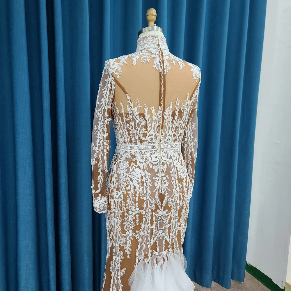 Modern Retro Long Sleeved High Neck Lace Fshtail Wedding Sequin Bead Embroidery
