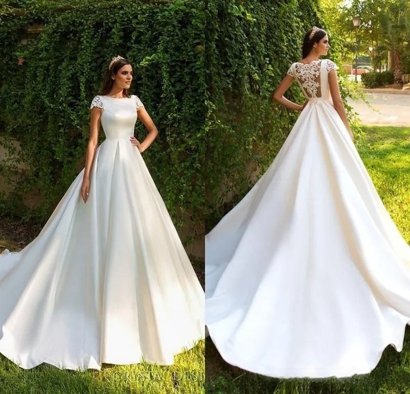 Elegant A Line Wedding Dresses Short Sleeves Lace Satin Bridal Gowns Custom Size