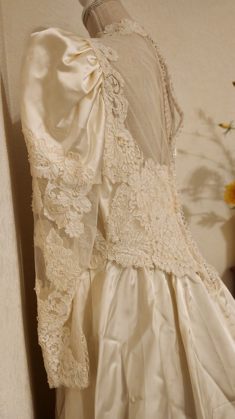 champagne Satin Lace Beaded Ball Gown Wedding Dress Square Neck Button Train