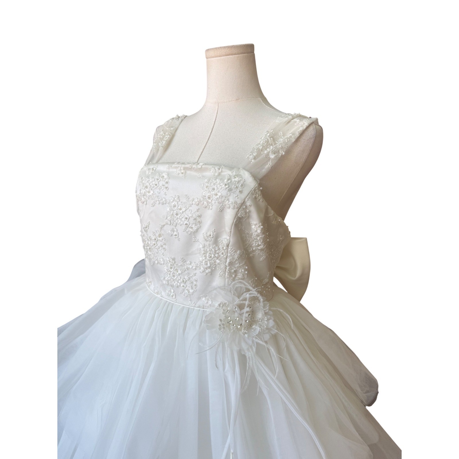 Vintage Tulle Beaded Tiered Ruffle A-Line Tea Length Wedding Dress Size 16 Bow