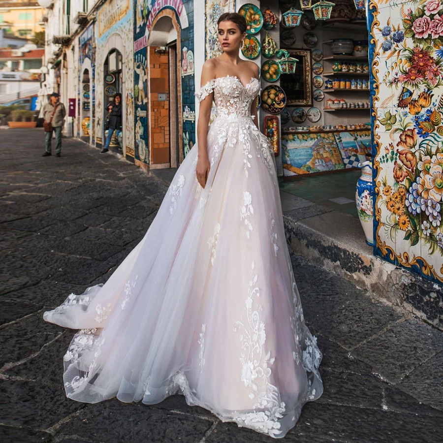 Illusion Wedding Dresses Custom Tulle with Lace Appliques Sexy Off the Shoulder