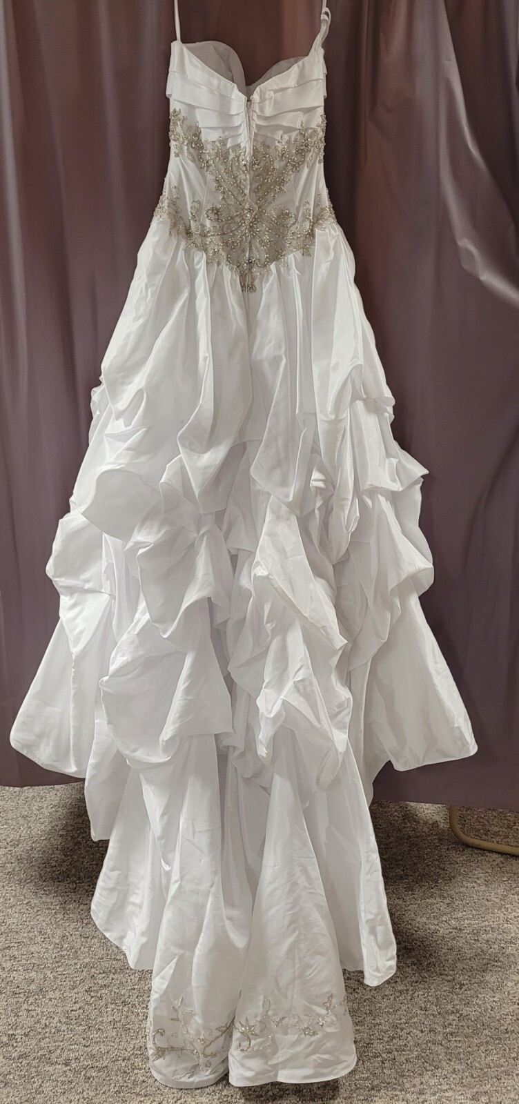 Mia Solano, M9841Z, Size 8, White, Silver Beading, Taffeta, Mid-length Train