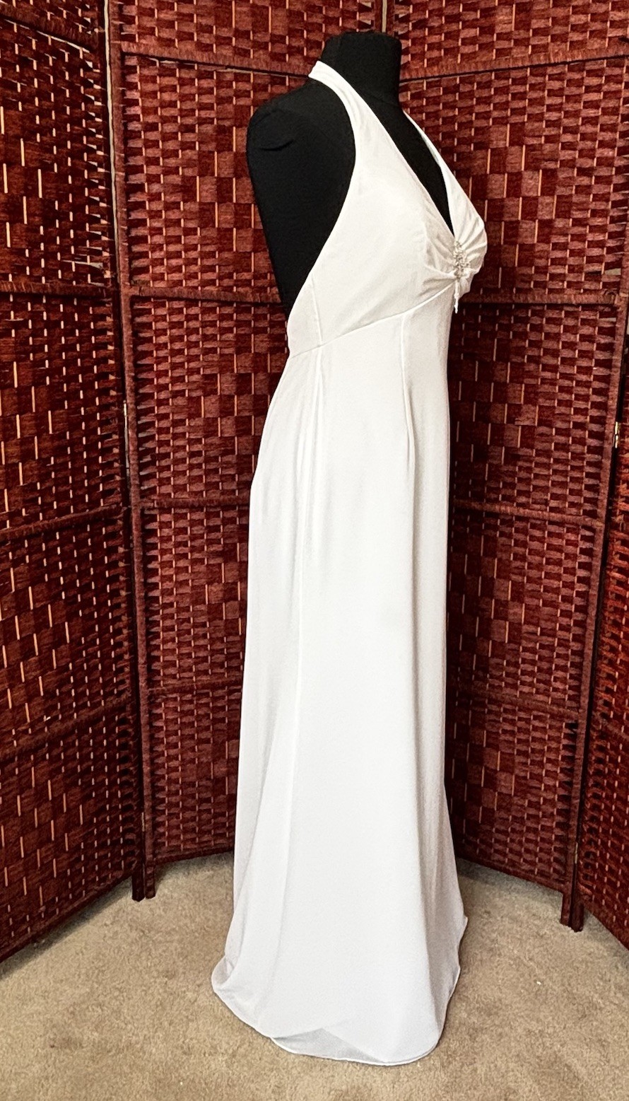 Mori Lee White Halter Wedding Dress Sz 14 A-Line Open Back Empire Bridal Gown