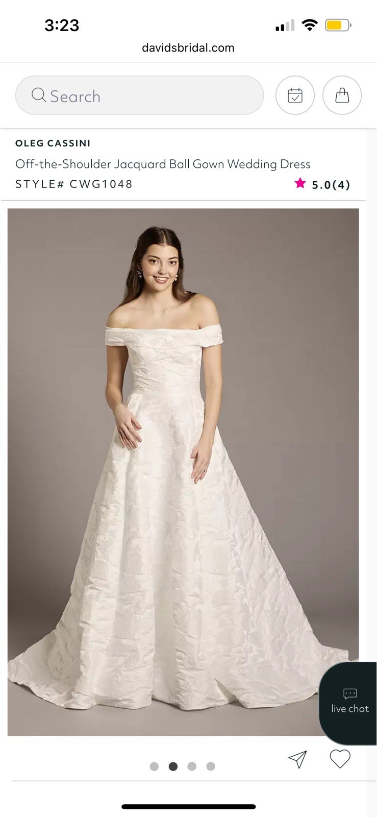 Oleg Cassini CWG1048 White Off the Shoulder Jacquard Ball Gown Wedding Dress