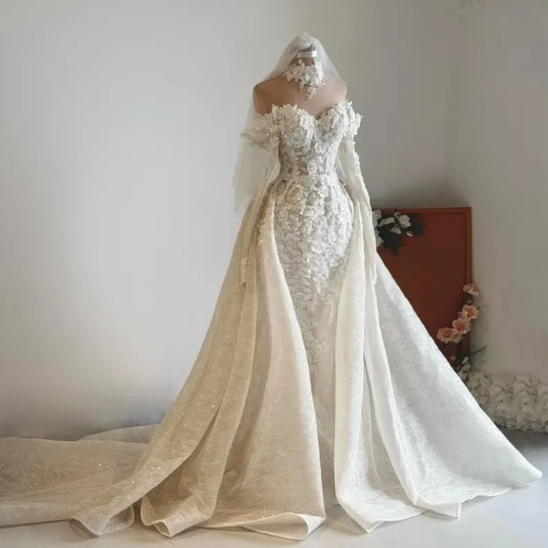 New Luxury Detachable Wedding Dresses Off Shoulder 3D Floral Lace Beaded Mermaid