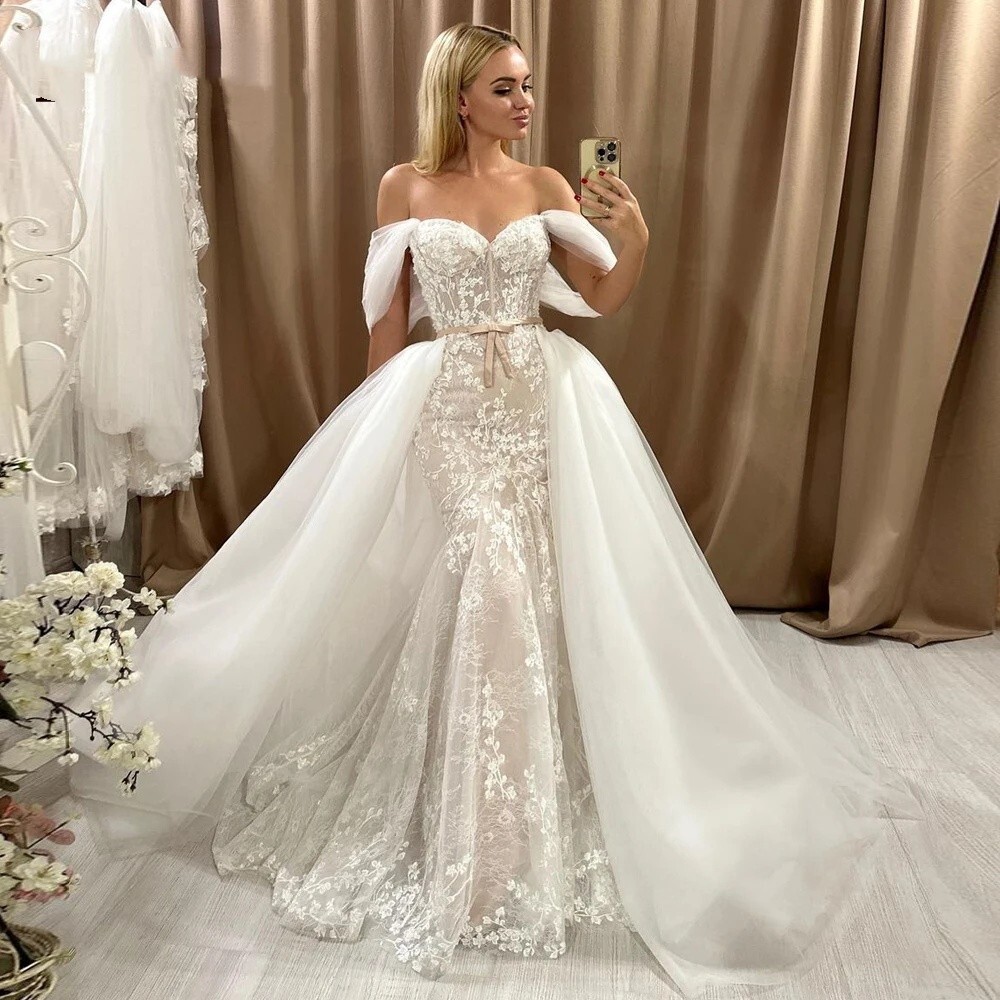 Detachable Train Wedding Dresses Champagne Mermaid Off Shoulder Lace Bridal Gown