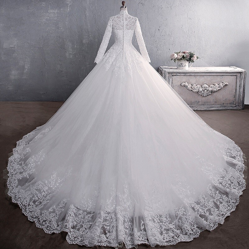2024 Bride High-neck Wedding Dress Muslim Off-White Bridal Gown Princess Frocks