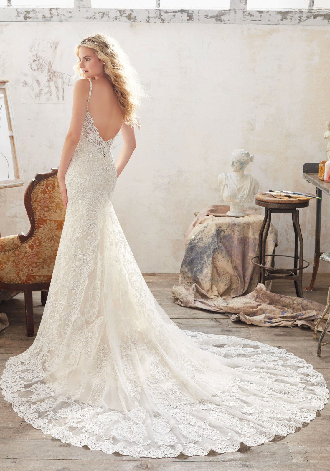 NEW Morilee Bridal 8112 Malia Wedding Dress Sheath Fit Flare Open Low Back Lace