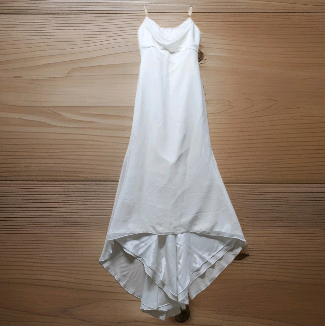 David’s Bridal Gown Galina Sz 12 Ivory Iridescent Beaded Cowl Neck Wedding Dress
