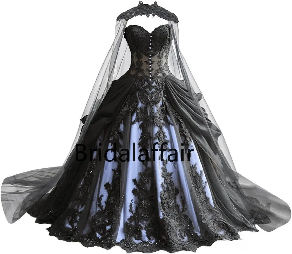 Gothic Weeding Dresses Lace Applique Bridal Dresses Tiered Tulle with Cape