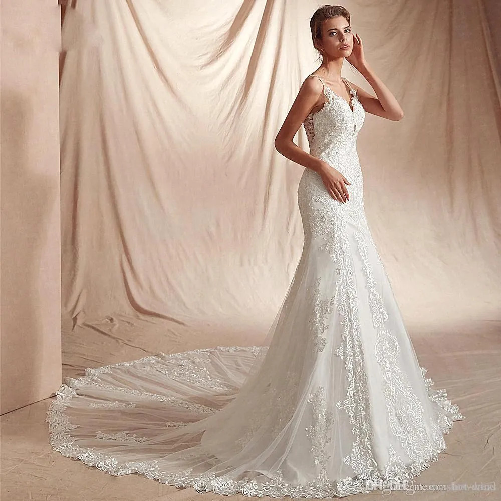 Sexy Lace Mermaid Beach Wedding Dress Spaghetti Straps Applique Boho Bridal Gown