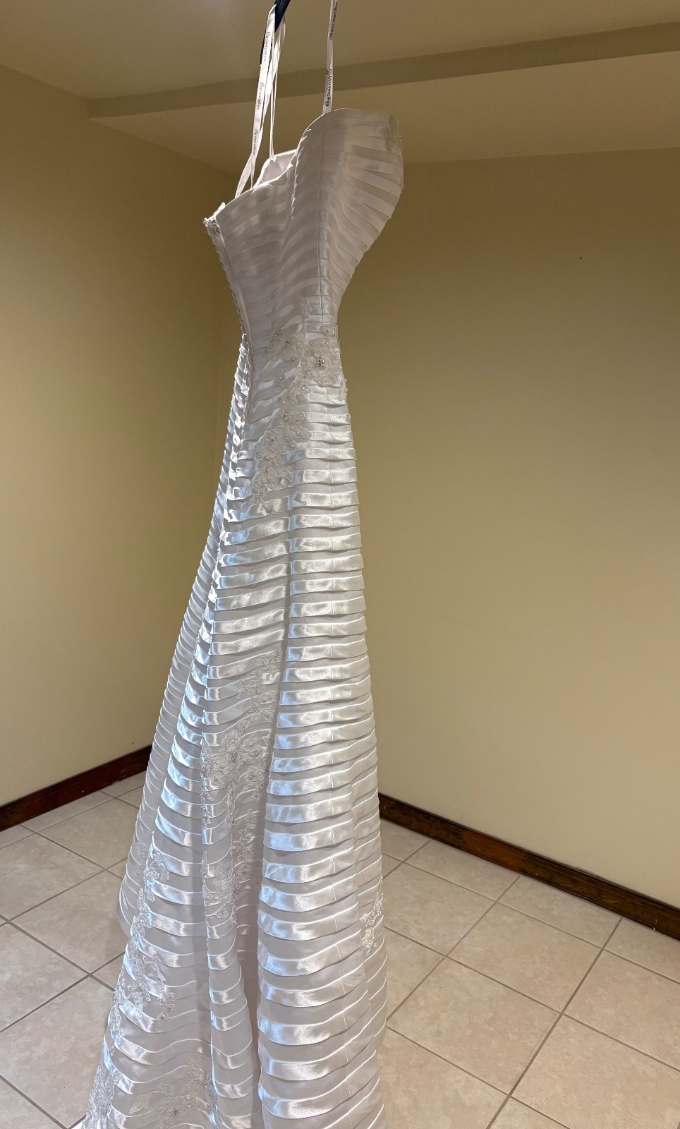 Beautiful Size 8 High Low White Satin with beads and embroidery Wedding Dress