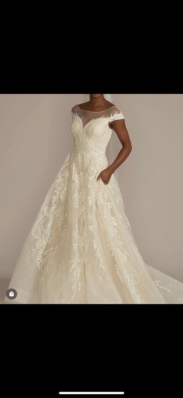 Oleg Cassini Ivory Champagne Wedding Dress Size 4 Off Shoulder Lace Tulle Bridal