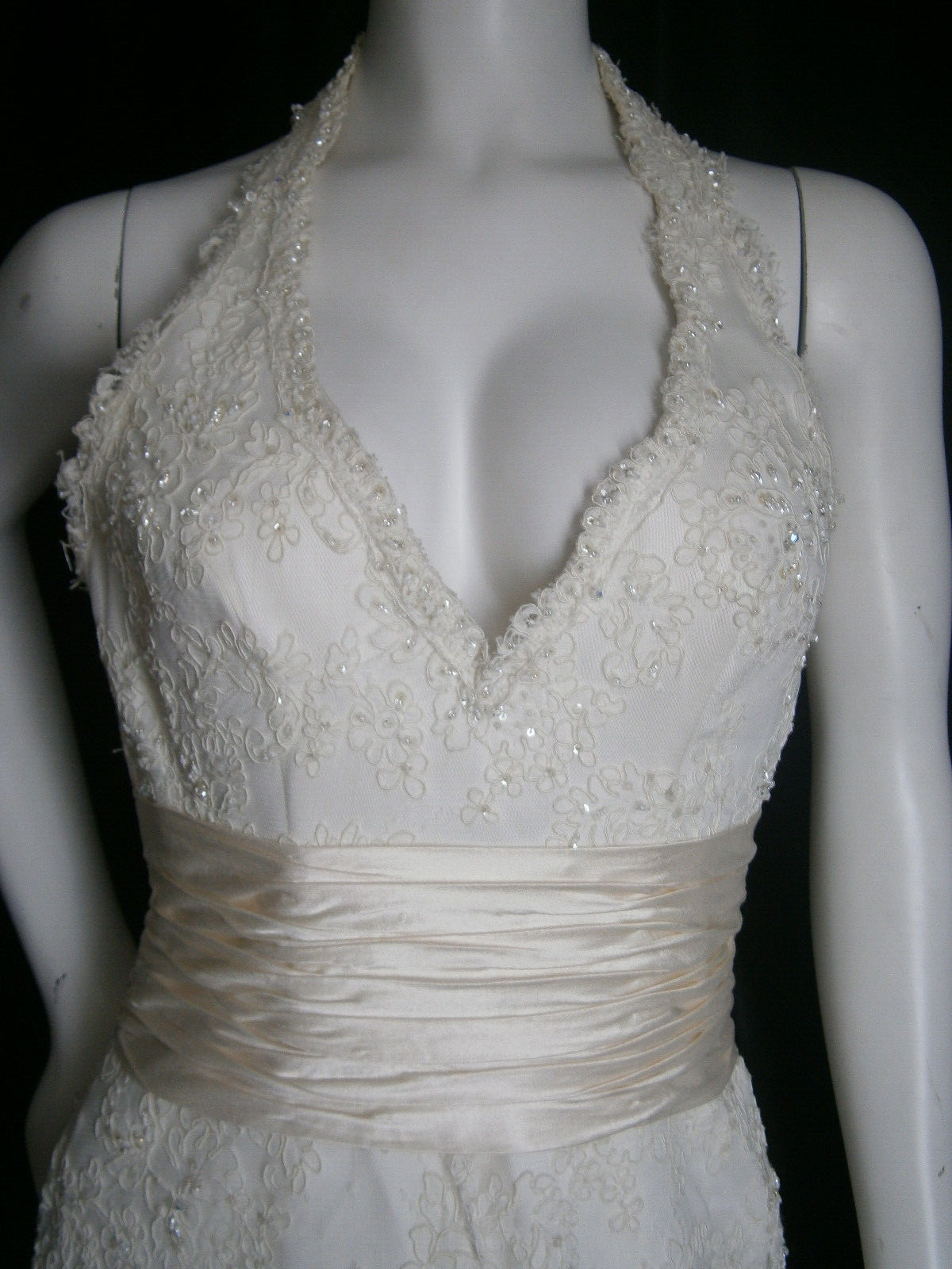 Alfred Sung Wedding Dress 8 Ivory Lace Halter Champagne Ruched Belting Ballgown