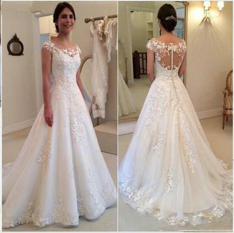 Off Shoulder Lace A Line Wedding Dresses Illusion Back Pearl Button Bridal Train