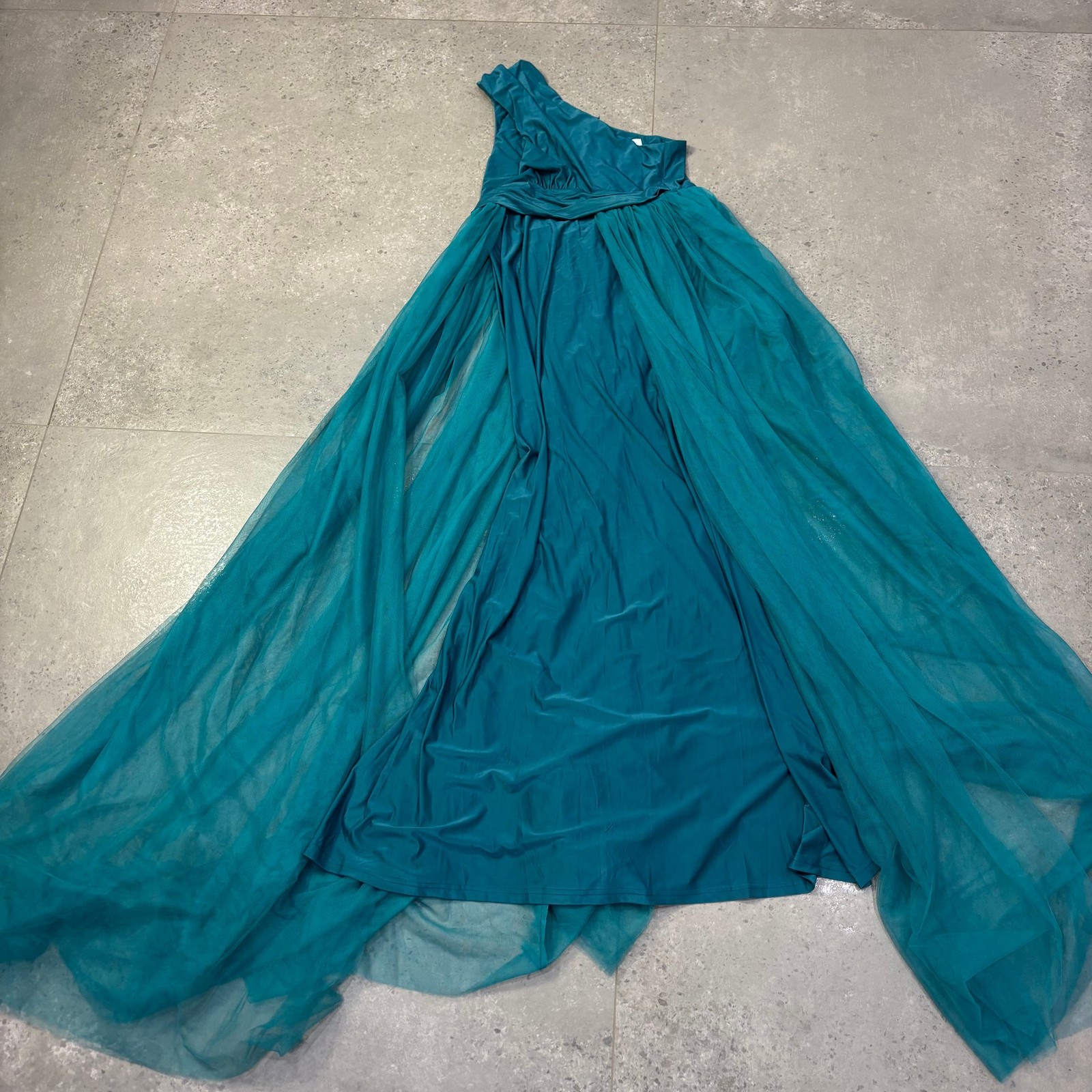 Faeriesty One-Shoulder Wedding Dress Women’s XL Teal Tulle Maxi Gown