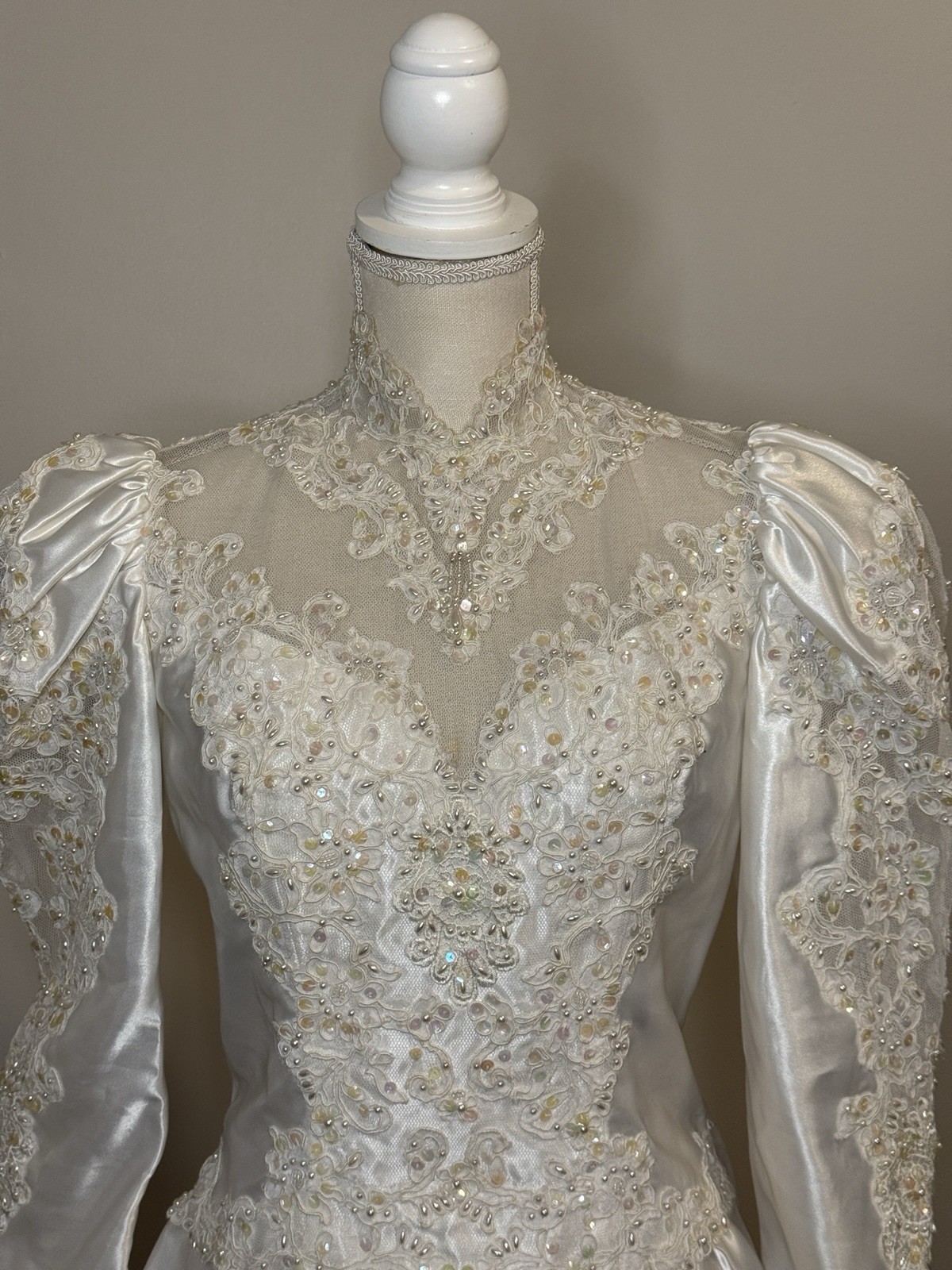 Vtg Mori Lee Satin Wedding Dress High Neck Puffed Sleeves Beading Lace Sz 8