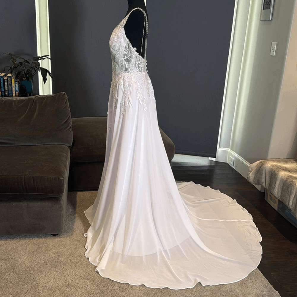 Women’s White Chiffon Wedding Dress Leg Split Zip Up Back Beaded Straps Size 12