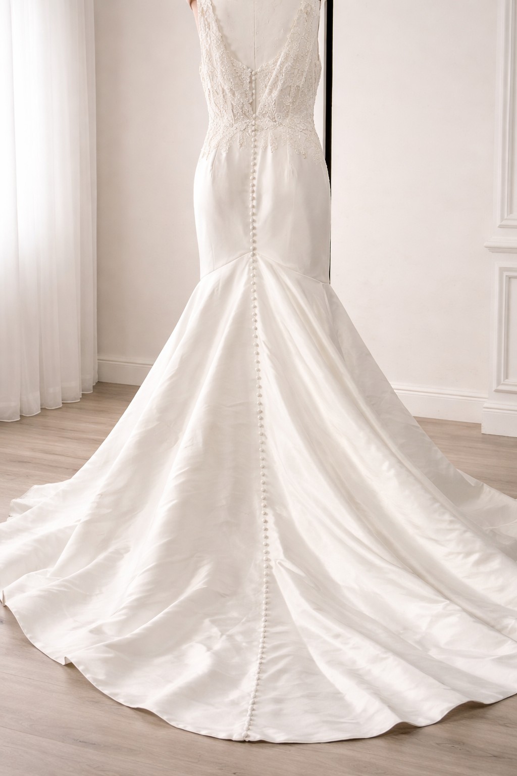 White Sleeveless V Neck Mermaid Wedding Dress with Train Lace Buttons