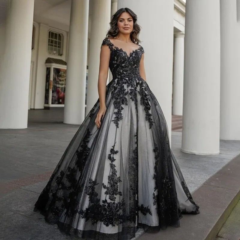 Black A Line Tulle Wedding Dresses Illusion Neck Cap Sleeve Applique Bridal Gown