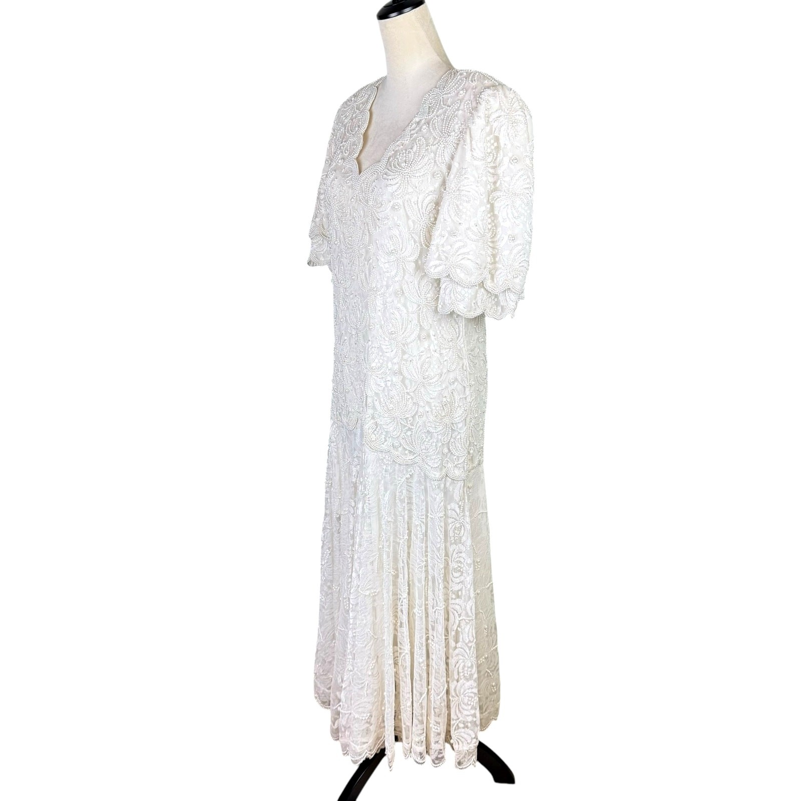 Vintage Laurence Kazar Sz 12 Full Length Pearl Beaded Lacy V Neck Wedding Dress