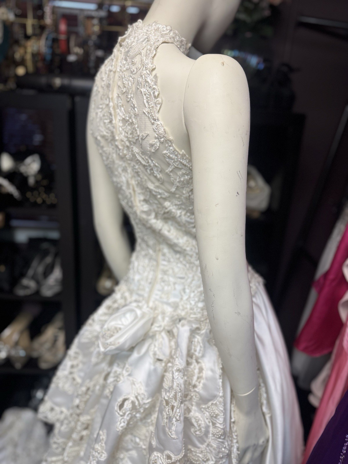 Mori Lee Halter Wedding Dress Size 10 Cream Bustle With Long Train Vintage