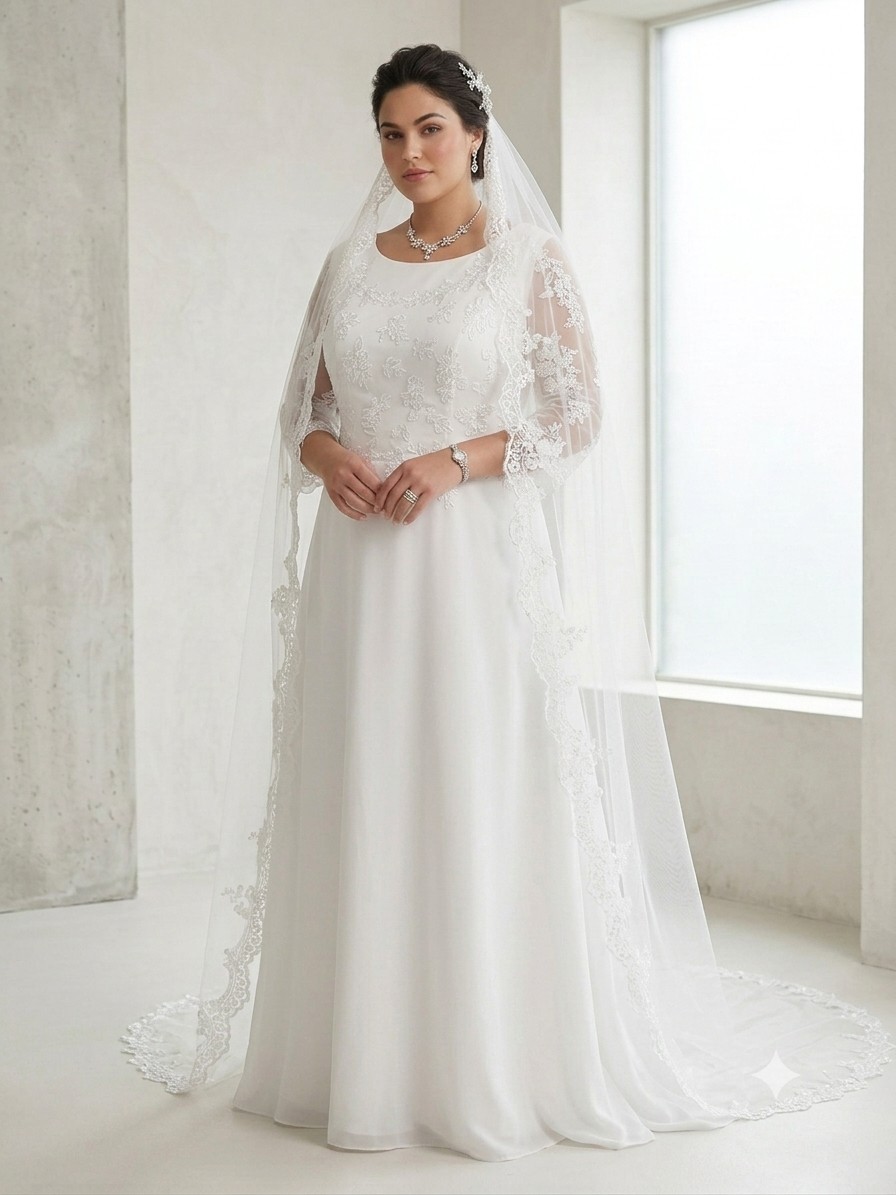 Elegant White Chiffon Wedding Dress 20 Floral Lace Applique Long Sleeve…