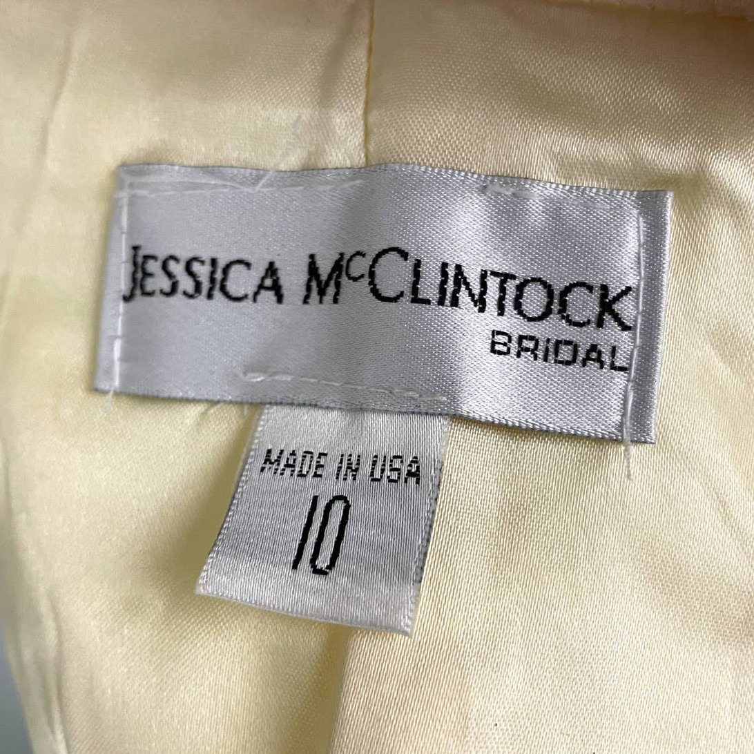 Jessica McClintock Off Shoulder Champagne Satin Wedding Gown Dress Sz 10 Beaded