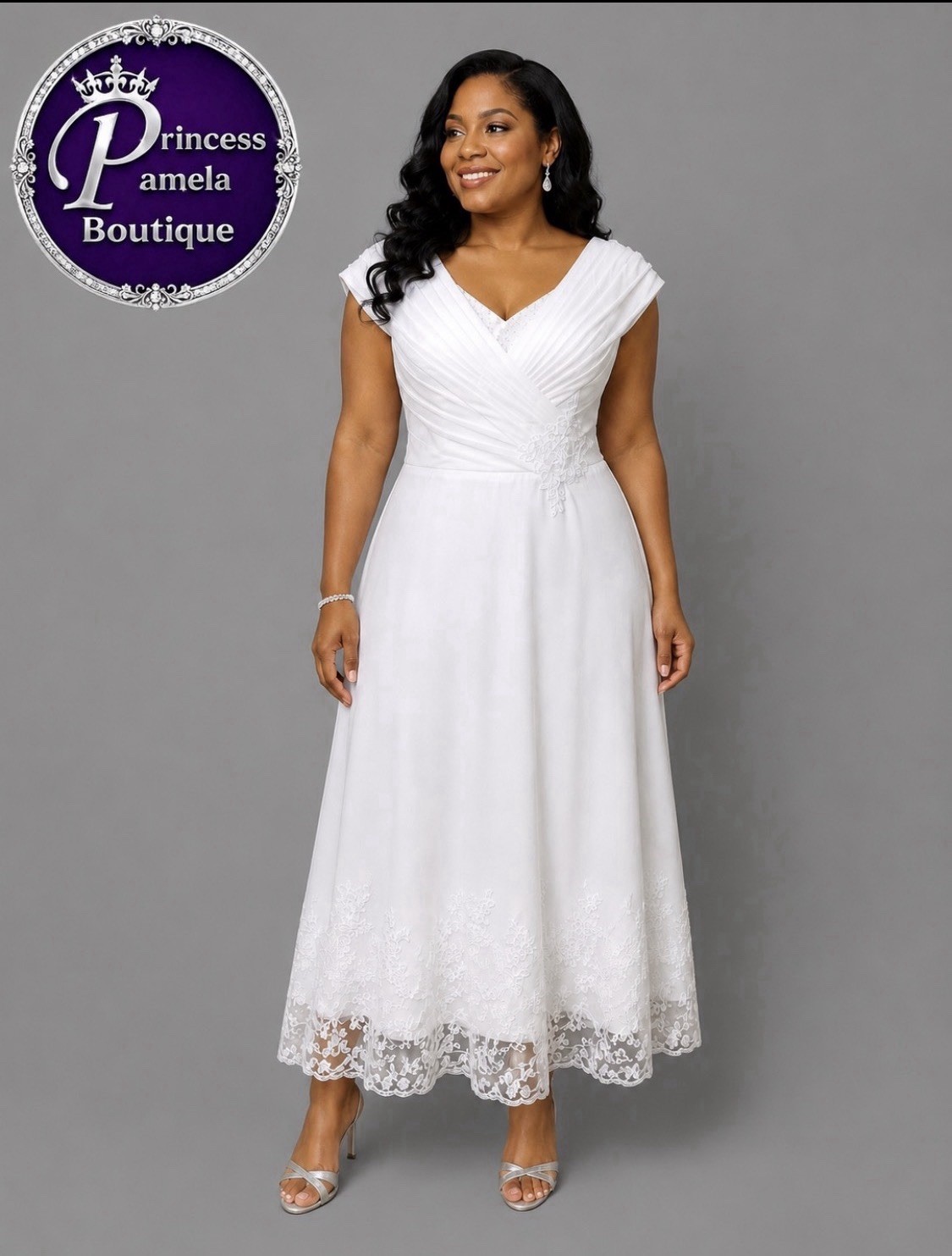 White A-Line V-Neck Cap Sleeve Tea-Length Lace Corset Back