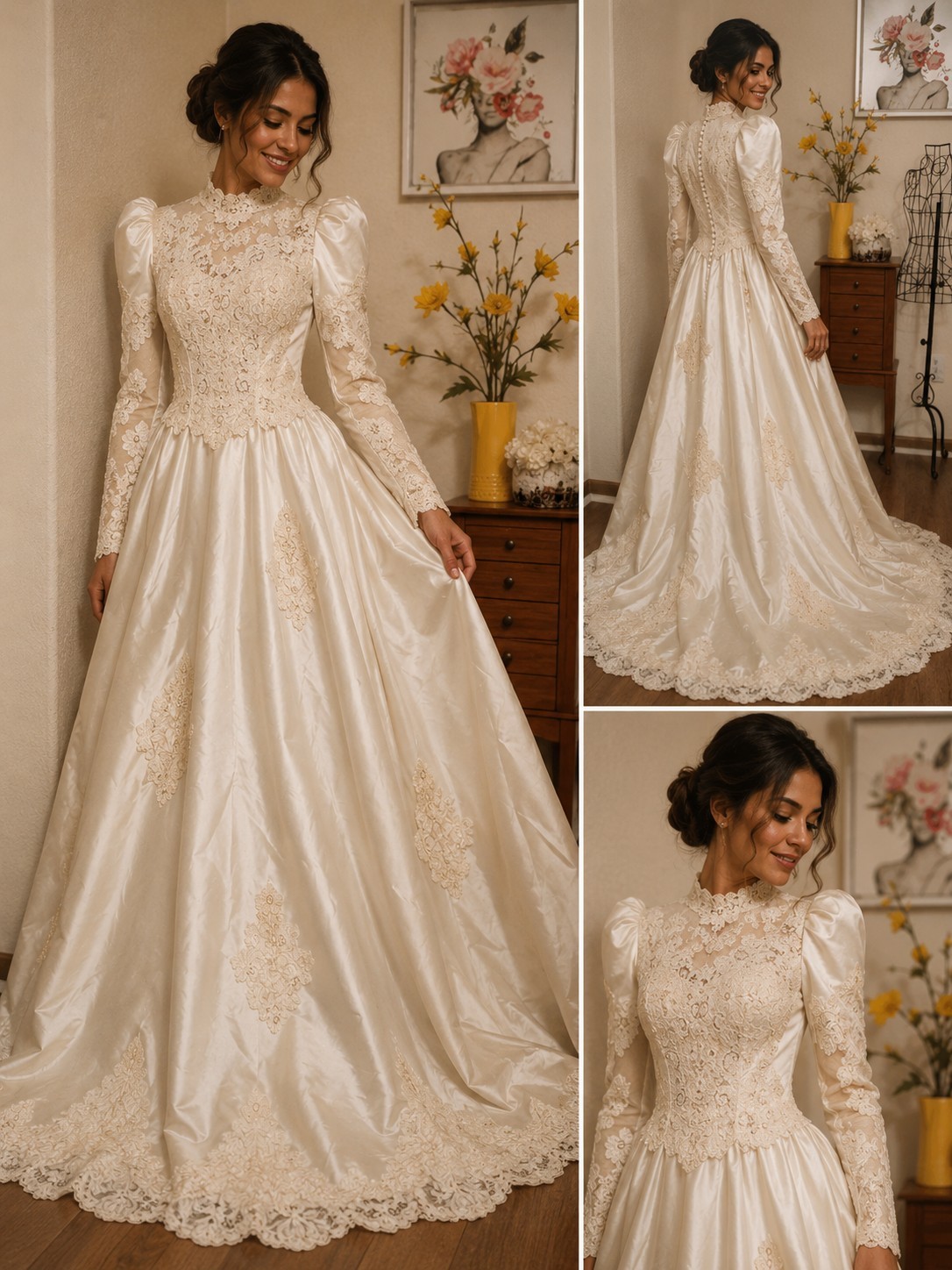champagne Satin Lace Beaded Ball Gown Wedding Dress Square Neck Button Train