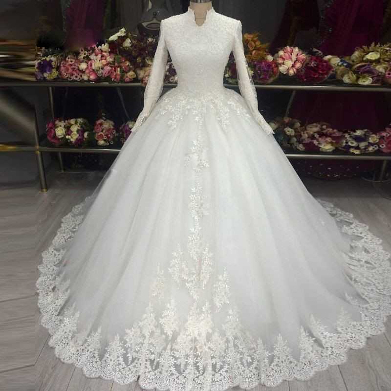 Muslim Wedding Dresses Long Sleeves High Neck Lace Appliques A Line Bridal Gowns