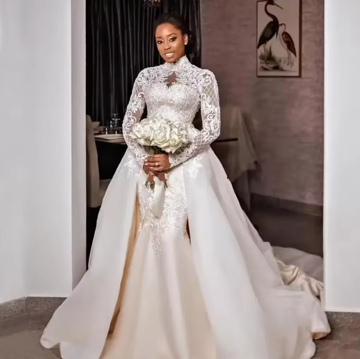 Sexy Lace Mermaid Wedding Dresses High Neck Bridal Gowns With Detachable Train