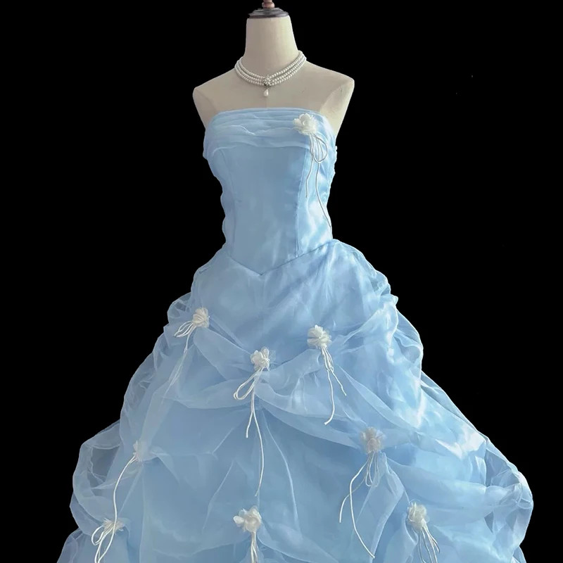 Princess Grass Green Lace Strapless Sleeveless Beading White Flower Bow Ruffles