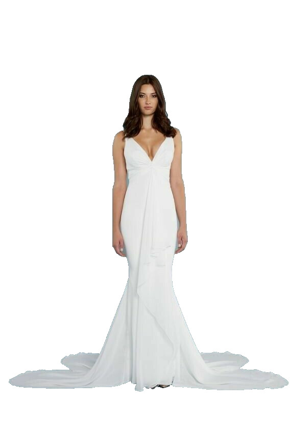 KATIE MAY Ivory White Mykonos Twist Crepe de Chin Mermaid Maxi Wedding Gown L 10