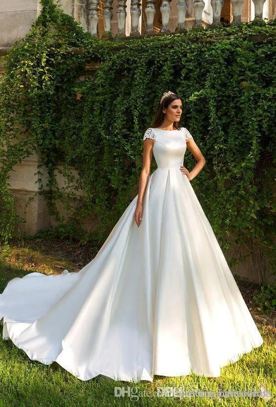 Elegant A Line stain Wedding Dresses scoop Short Sleeves lace back Bridal Gowns