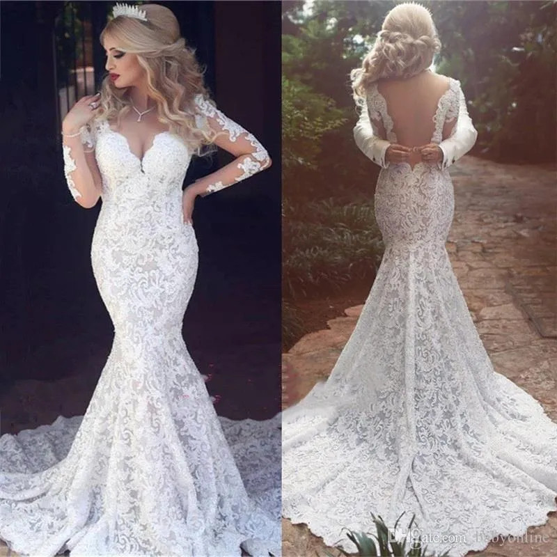 Sexy Mermaid Wedding Dresses Lace Appliques V-Neck Backless Train Bridal Gowns