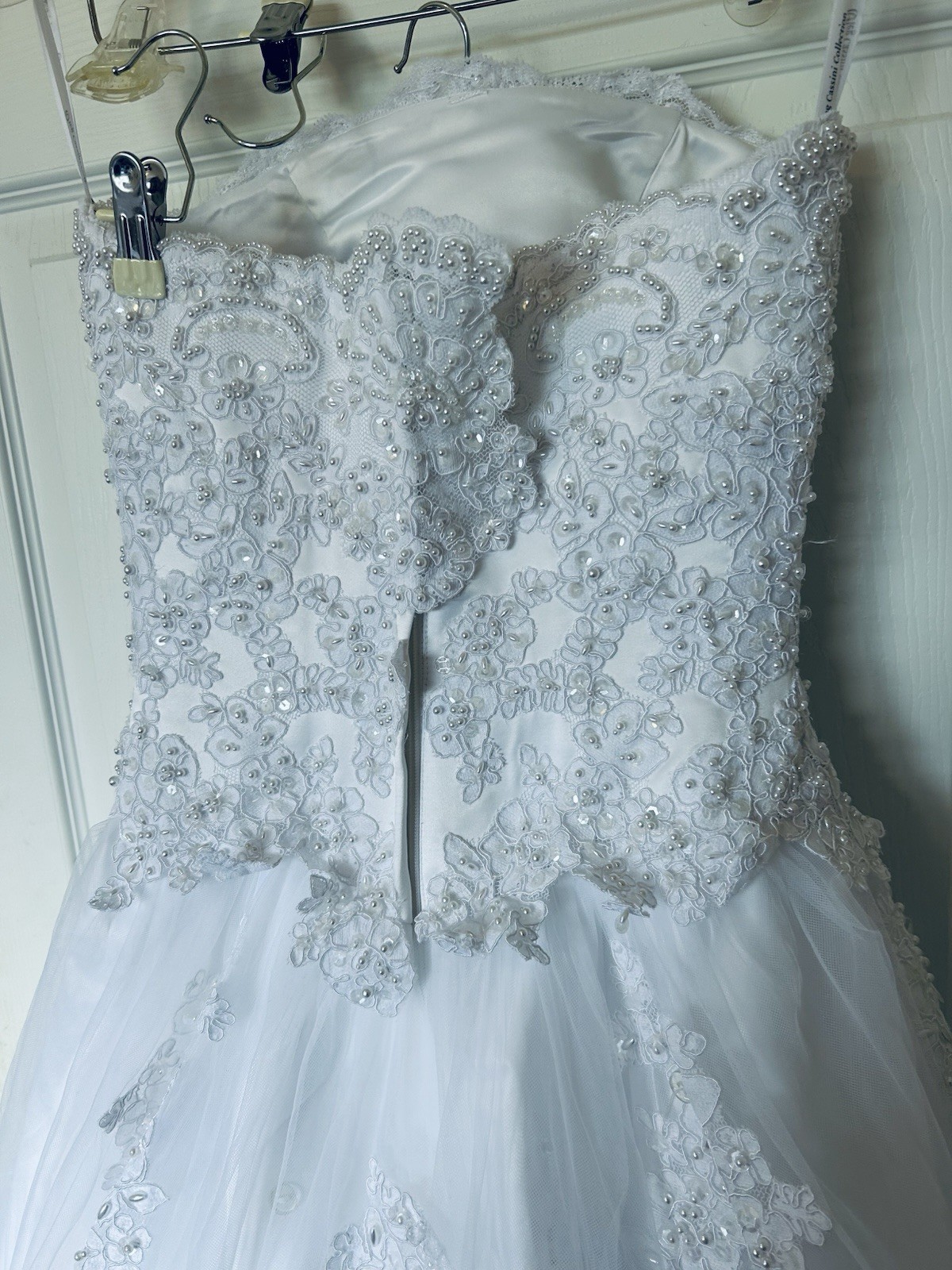 Oleg Cassini Wedding Dress Ball Gown Strapless Satin Tulle Beaded Size 2 White