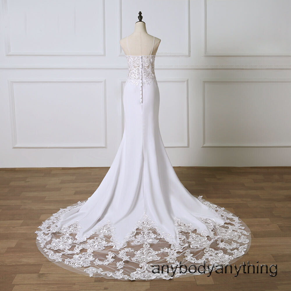 Spaghetti Strap Wedding Dresses Mermaid Train Bridal Gown Lace Satin White Ivory